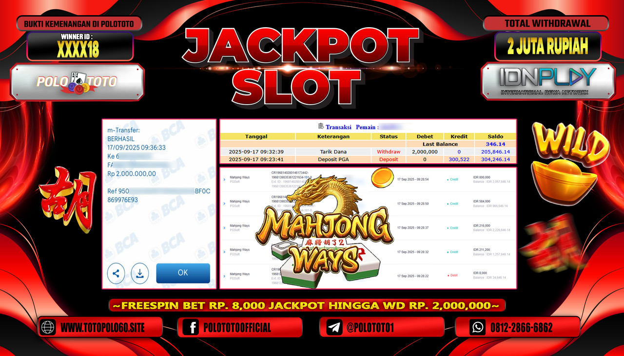 POLOTOTO JACKPOT SLOT MAHJONG WAYS Rp.2.000.000,- LUNAS