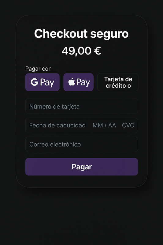 Interfaz de pago segura con Google Pay, Apple Pay y tarjeta