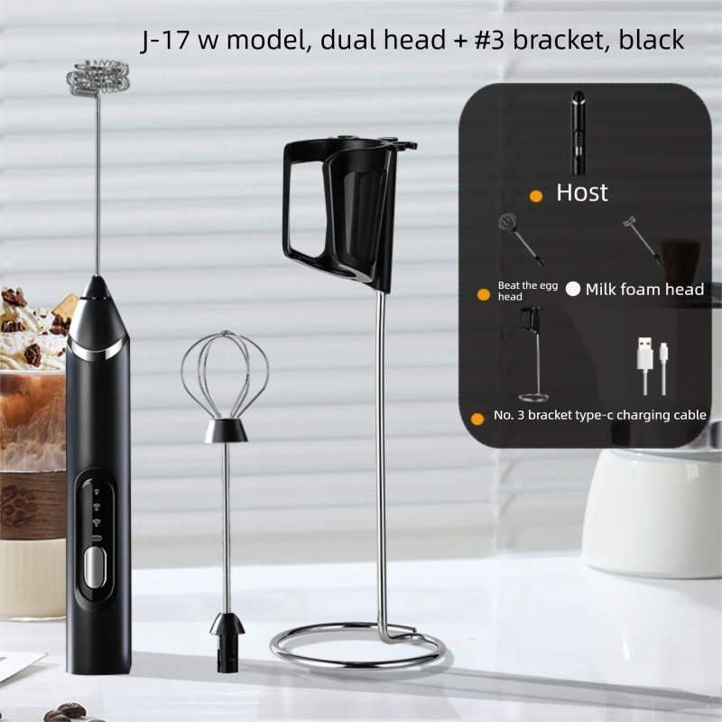 Rechargeable Electric Milk Frother with Metal Stand - Handheld Foam Maker & Egg Beater Set - 3 Speed Mixer with 2 Stainless Steel Whisks for Flat Whites, Lattes & Baking (Black)