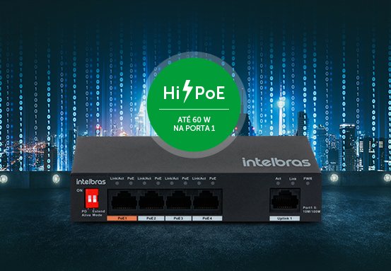 Detalhe do Switch SF 500 Hi-PoE, mostrando a alimentação de dispositivos em grandes potências.