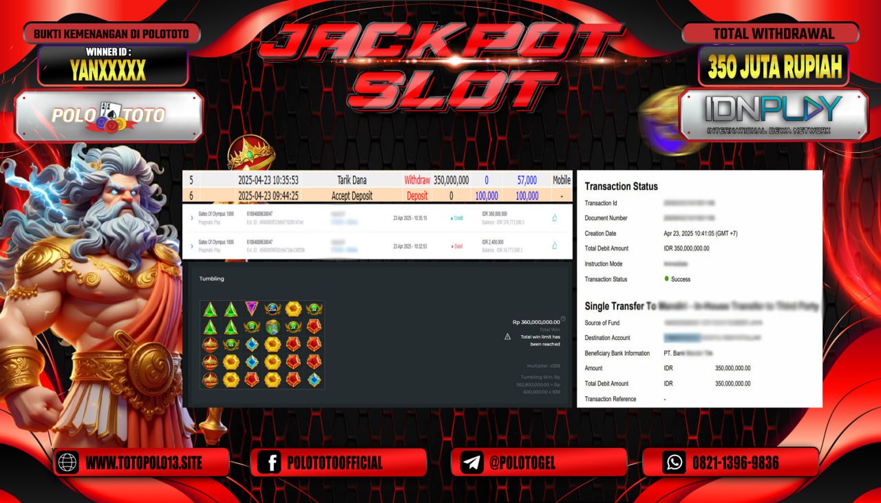 POLOTOTO JACKPOT SLOT GATES OF OLYMPUS 1000 Rp.350.000.000,- 