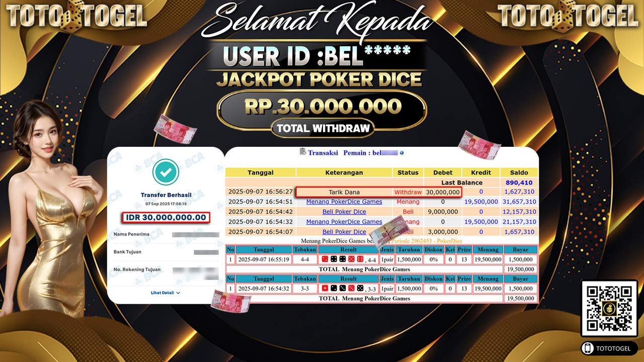 Bukti Pembayaran Jackpot Permainan Live Game Poker Dice ID:BEL***** LUNAS