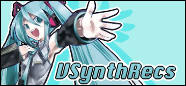 A drawing of Hatsune Miku by KEI reaching out to the audience on a teal background, the text VSynthRecs is next to her