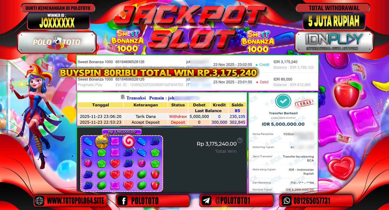 POLOTOTO JACKPOT SLOT SWEET BONANZA 1000 Rp.5.000.000,- LUNAS