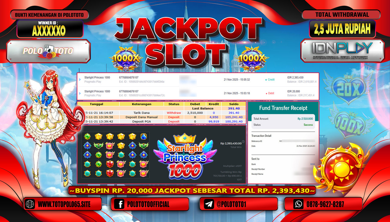 POLOTOTO JACKPOT SLOT STARLIGHT PRINCESS 1000 Rp.2.500.000,- LUNAS