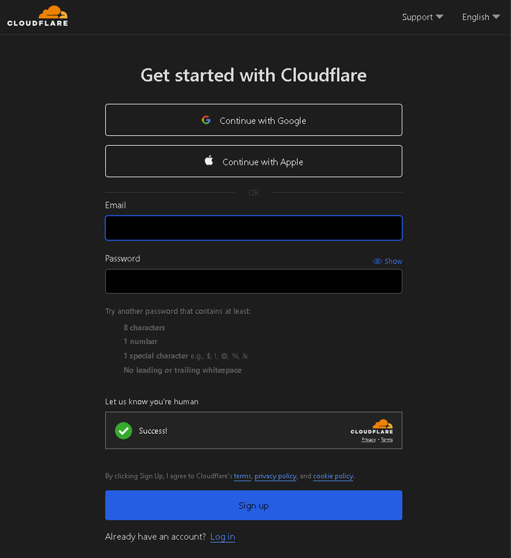 Cloudflare account sign-up screen showing email and password fields.