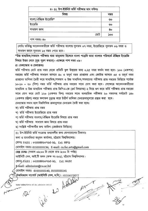 CU B1 Unit Admission Circular 2021-22