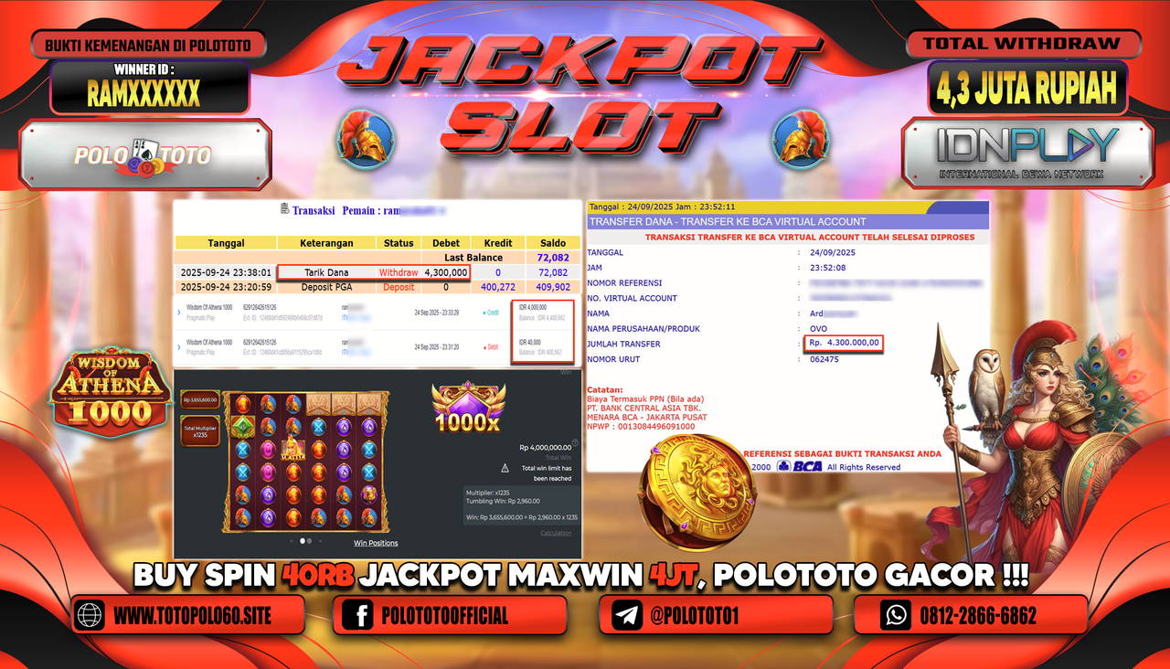 POLOTOTO JACKPOT SLOT WISDOM ATHENA 1000 Rp.4.300.000,- LUNAS