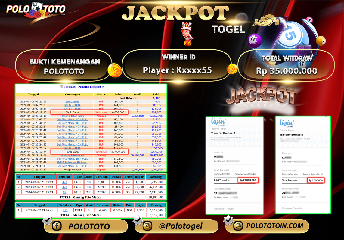 POLOTOTO BUKTI JACKPOT LIVE GAME TOTO MACAU  Rp 35.000.000,-