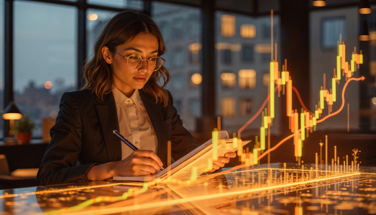 businesswoman analyzing financial data charts