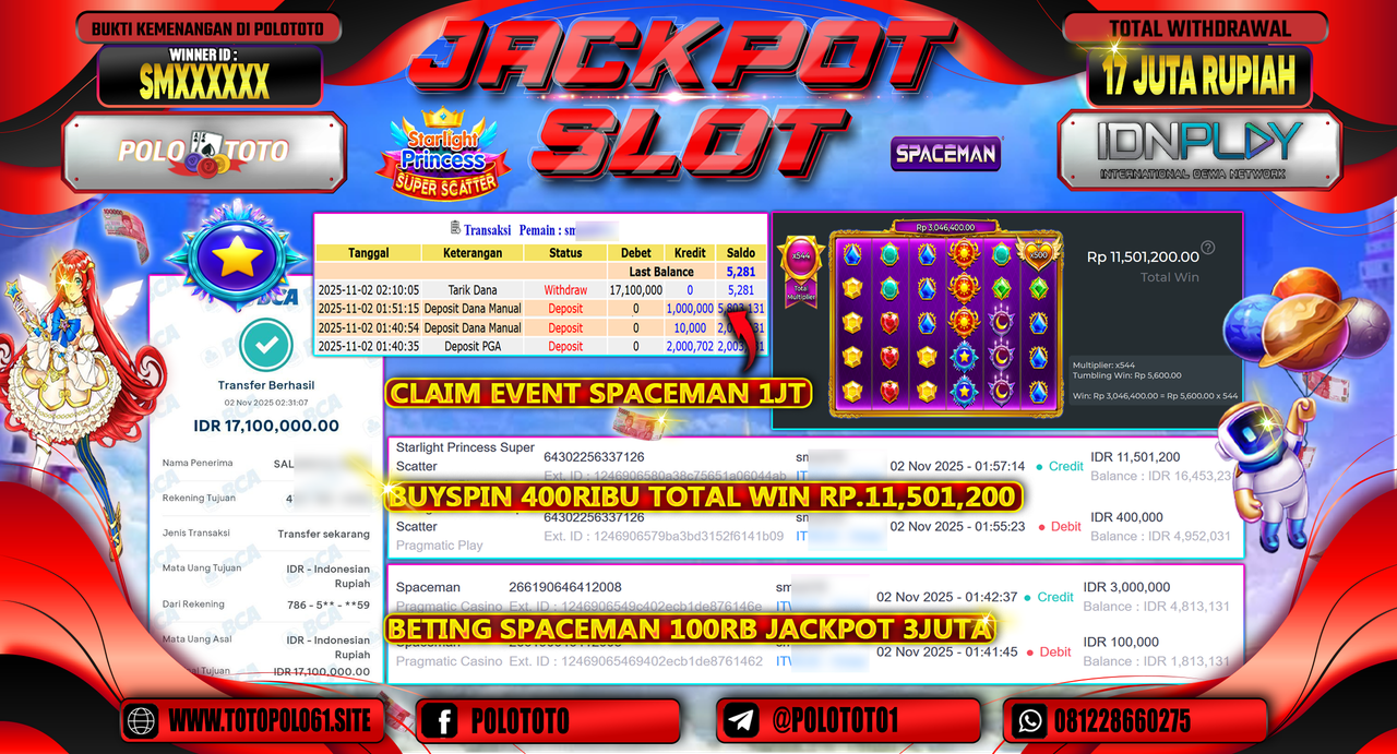 POLOTOTO JACKPOT SLOT STARLIGHT PRINCESS SUPER SCATTER DAN JACKPOT SLOT SPACEMAN Rp.17.000.000,- LUNAS