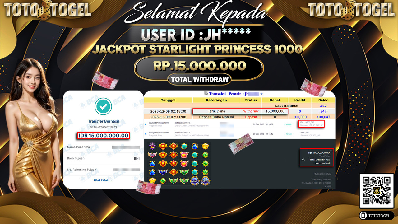 Bukti Pembayaran Jackpot Permainan Slot Starlight Princess 1000 ID:JH***** LUNAS