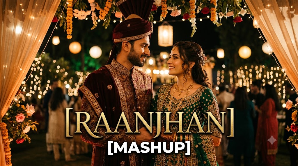 AI-generated example result for the youtube-thumbnail prompt: Raanjhan Mashup Thumbnail – Cinematic Indian/Pakistani Wedding Romance Design AI YouTube Thumbnail Prompt