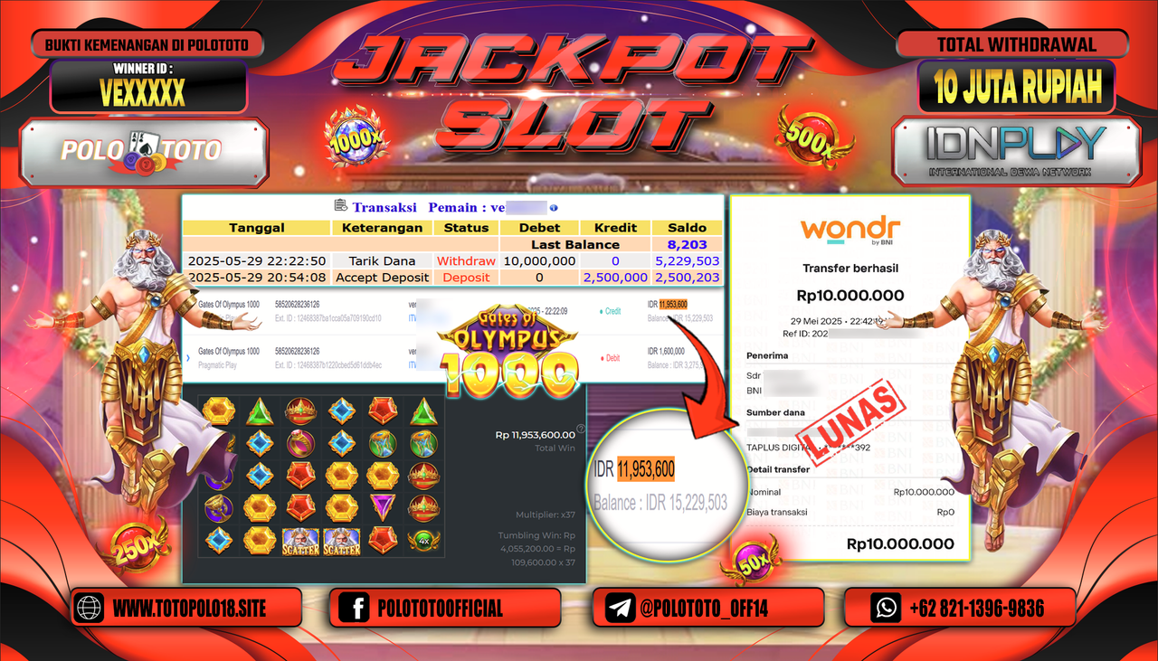 POLOTOTO JACKPOT SLOT GATES OF OLYMPUS 1000 Rp.10.000.000,-