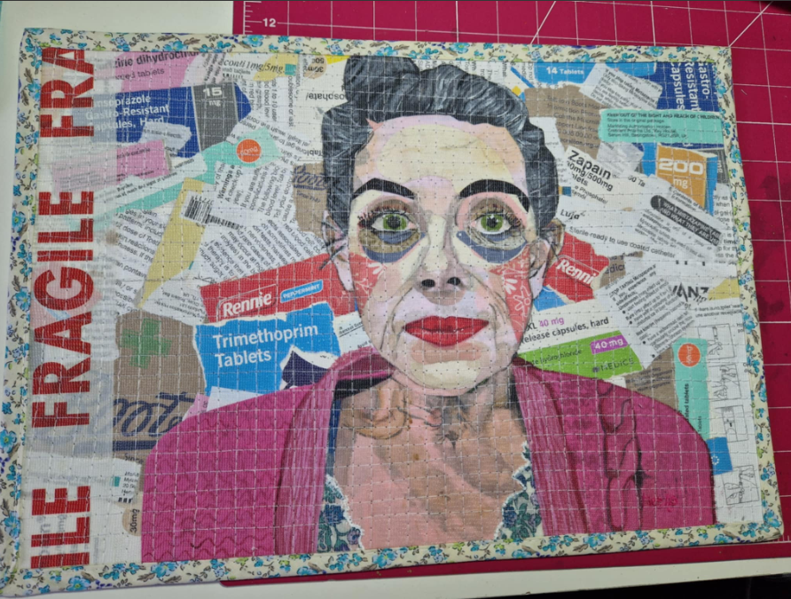 A patchwork quilt featuring a large stitched portrait of a woman occupying most of the composition, surrounded by collaged medication blister packs.