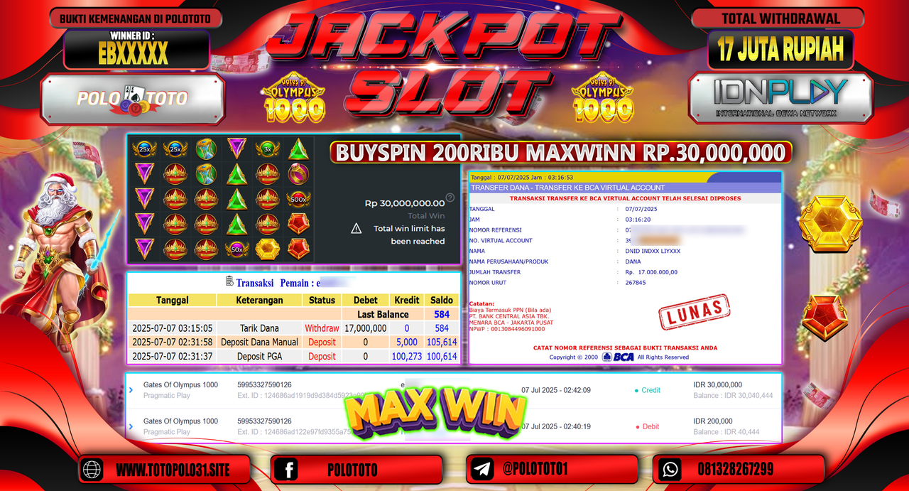 POLOTOTO JACKPOT SLOT GATES OF OLYMPUS 1000 Rp.17.000.000,-