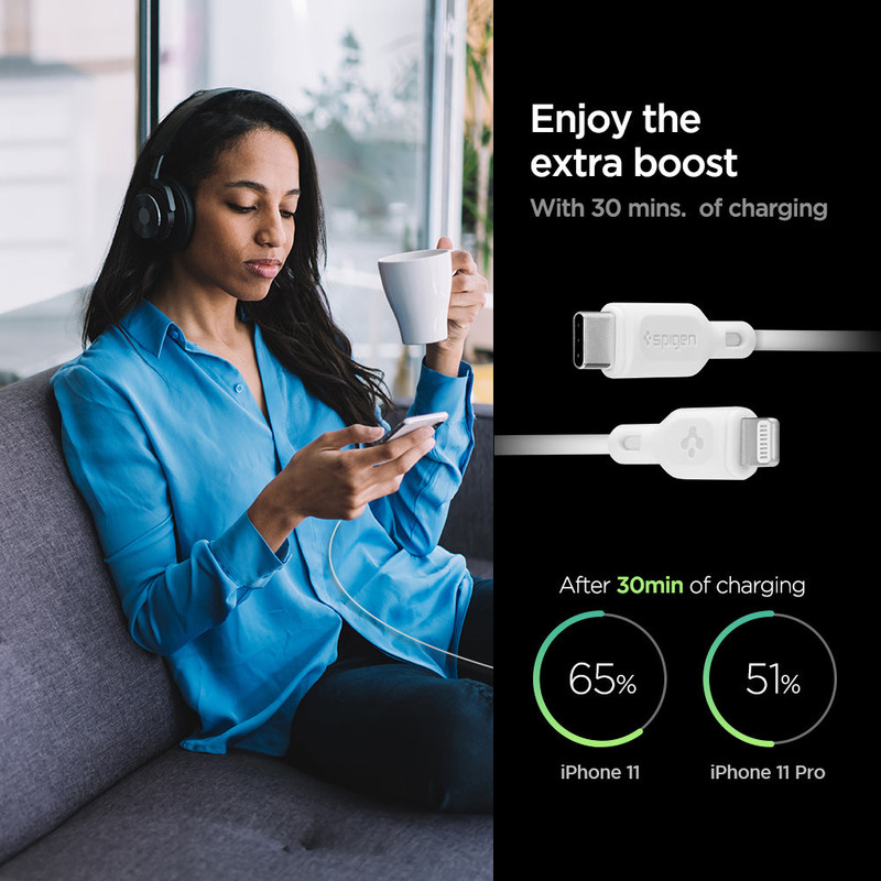 Cable Spigen DuraSync USB-C a Lightning mostrando su diseño robusto y trenzado.