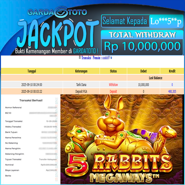 JACKPOT DI PERMAINAN SLOT 5 RABBITS MEGAWAYS WD Rp10.000.000,- DIBAYAR LUNAS GARDATOTO MANTAP!