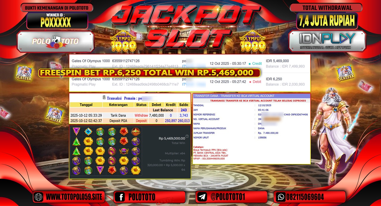 POLOTOTO JACKPOT SLOT GATES OF OLYMPUS 1000 Rp.7.400.000,- LUNAS
