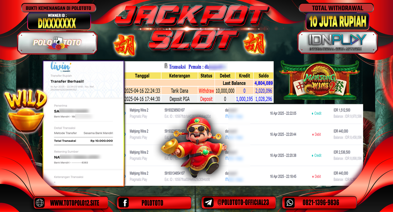 POLOTOTO JACKPOT SLOT MAHJONG WINS 2 Rp.10.000.000,-