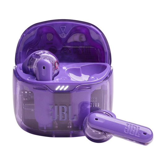 Audífonos TWS JBL Tune Flex Ghost Edition mostrando su diseño transparente.