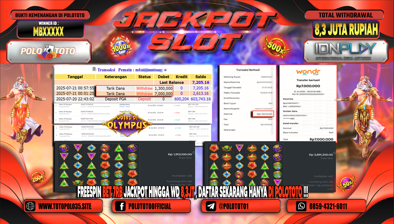 POLOTOTO JACKPOT SLOT GATES OF OLYMPUS Rp.8.300.000,- LUNAS