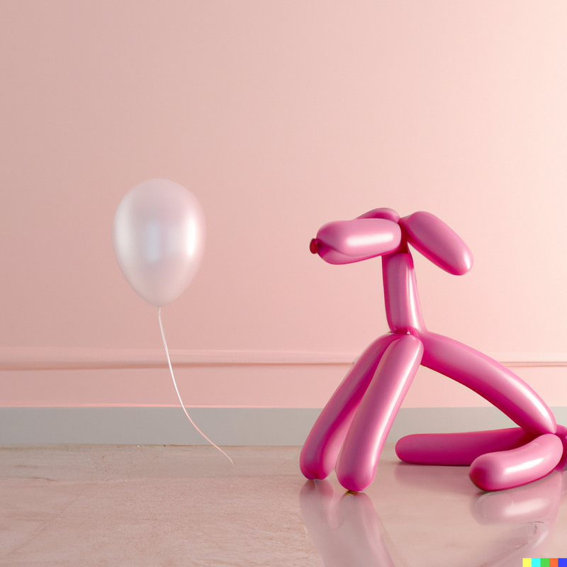 DALL·E 2022-11-04 10.41.52 - 3D render of a small pink balloon dog in a light pink room