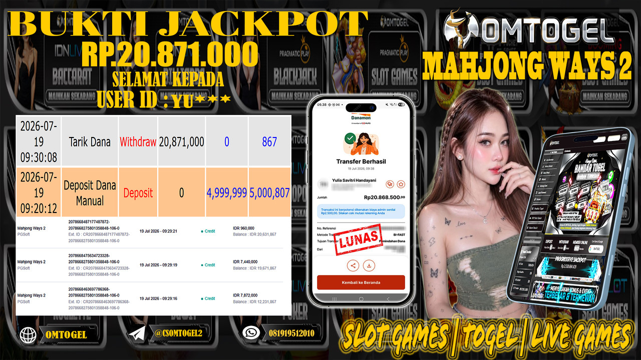 OMTOGEL JACKPOT PG SOFT MAHJONG WAYS 2 Rp.20,8710,000,- DIBAYAR LUNAS