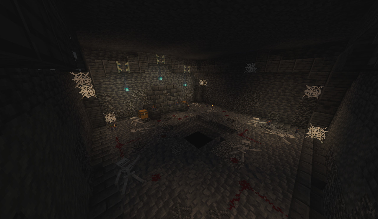 A dark room full of corpses. A hole to the void can be found in the middle