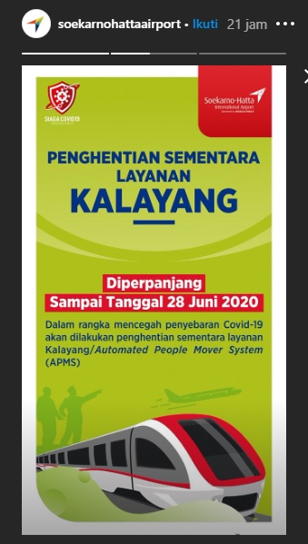 Pengumuman penghentian sementara layanan Kalayang di Bandara Internasional Soekarno-Hatta, Rabu (17/6/2020).