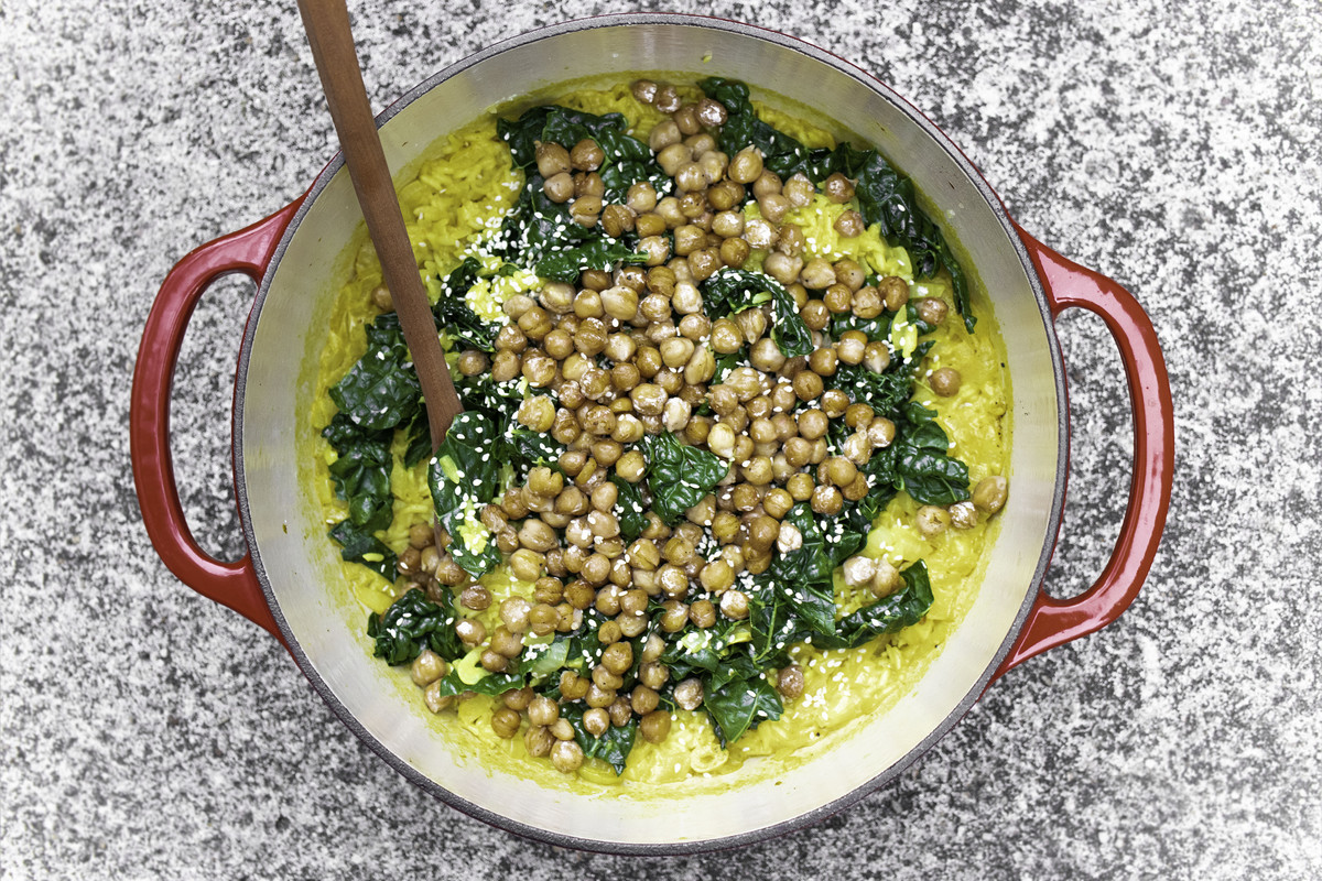 Golden Coconut Rice with Greens and Crispy Chickpeas