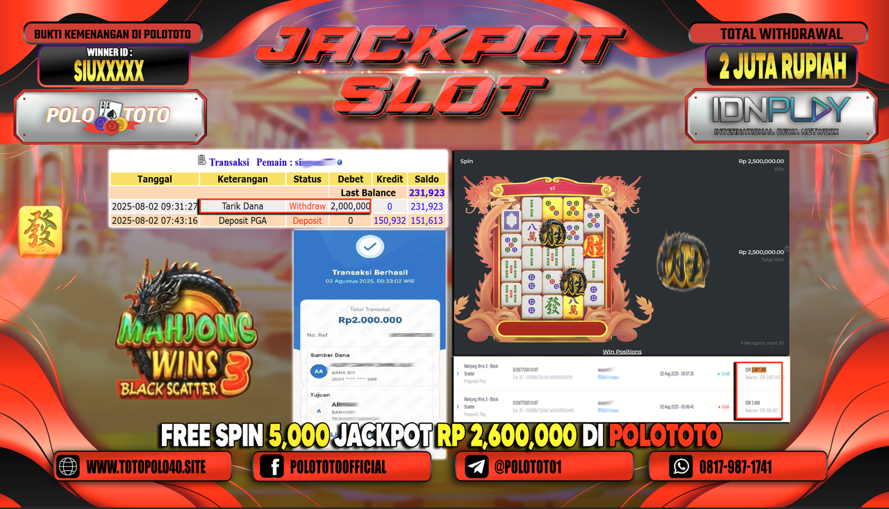 POLOTOTO JACKPOT SLOT MAHJONG WIN - 3 BLACK SCATTER Rp.2.000.000,-LUNAS