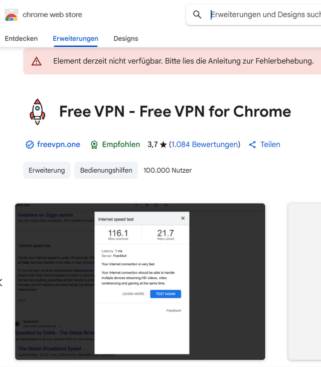 Chrome Extension FreeVPN.One in Store