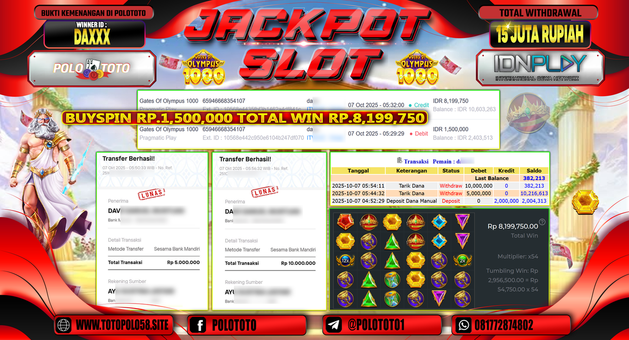 POLOTOTO JACKPOT SLOT GATES OF OLYMPUS 1000 Rp.15.000.000,- LUNAS