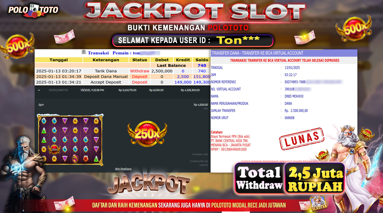POLOTOTO JACKPOT SLOT GATES OF OLYMPUS Rp.2,500.000,-