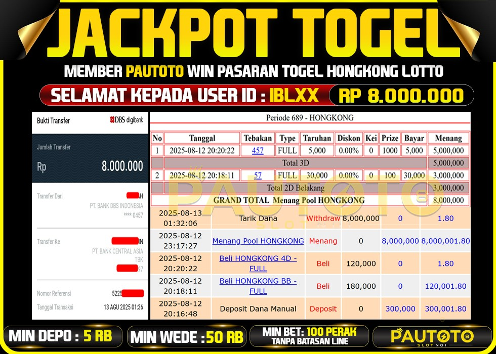 BUKTI PEMBAYARAN TGL 12 AGUSTUS 2025 MENANG DI PASARAN HONGKONG LOTTO TOTAL WD 8 JUTA