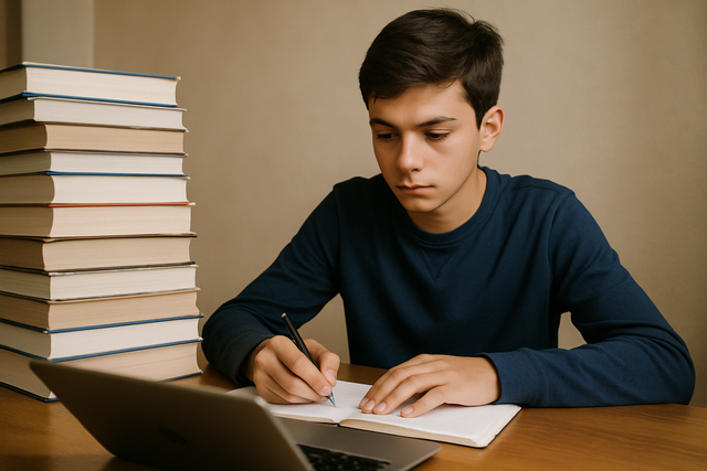 A focused student studying with a stack of books.