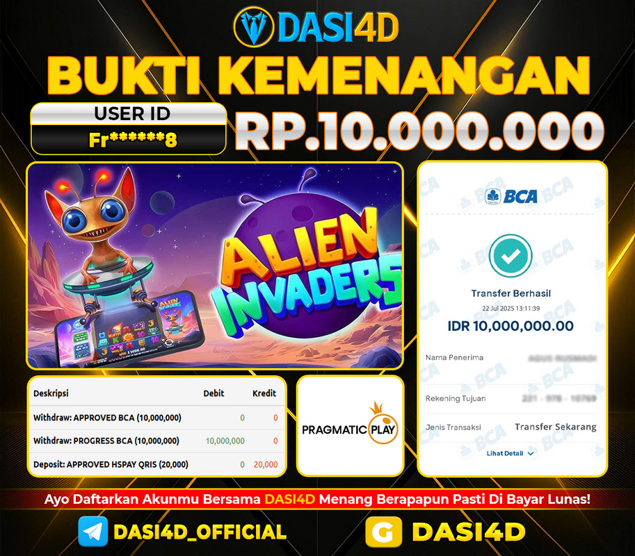BUKTI KEMENANGAN 22 JULI 2025 DI ALIEN INVADERS RP 10.000.000