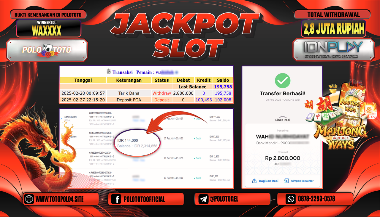 POLOTOTO JACKPOT SLOT MAHJONG WAYS Rp.2.800.000,-