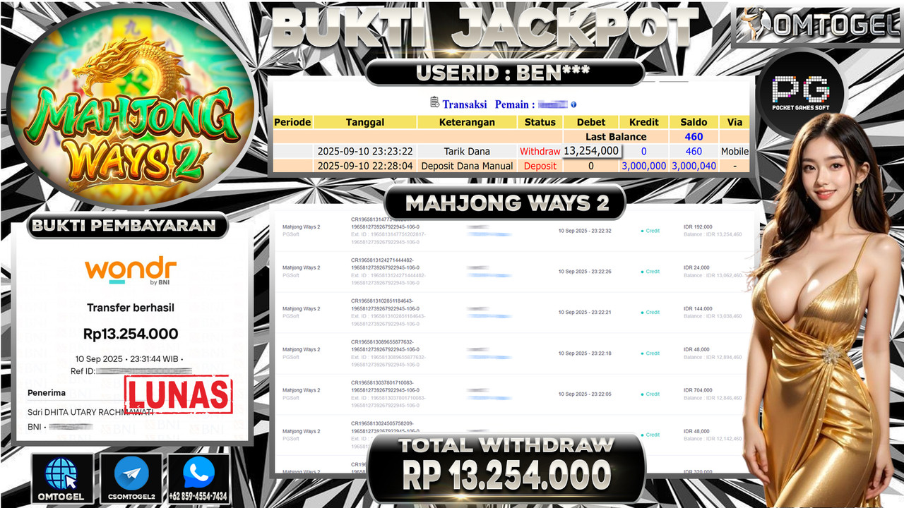 OMTOGEL JACKPOT PGSOFT MAHJONG WAYS 2 13 JUTA DI BAYAR LUNAS ,-