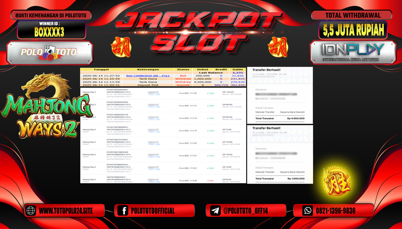 POLOTOTO JACKPOT SLOT MAHJONG WAYS 2 Rp.5.500.000,- LUNAS
