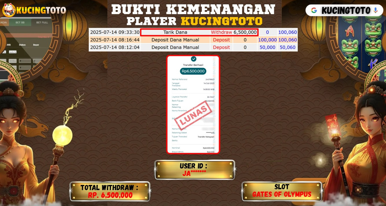 KUCINGTOTO JACKPOT SLOT GATES OF OLYMPUS RP.6.500.000.,- LUNAS