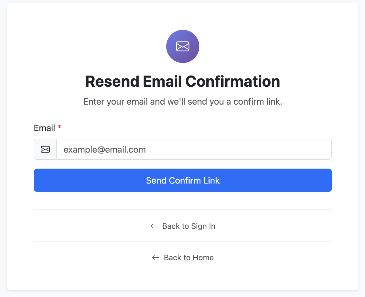 Resend email confirmation page - Enter your email to receive a new verification link