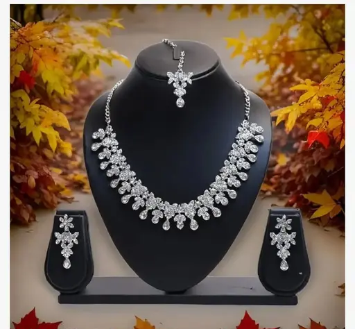 Silver Plated Necklace Set With White American Diamond Color 1 (A104)