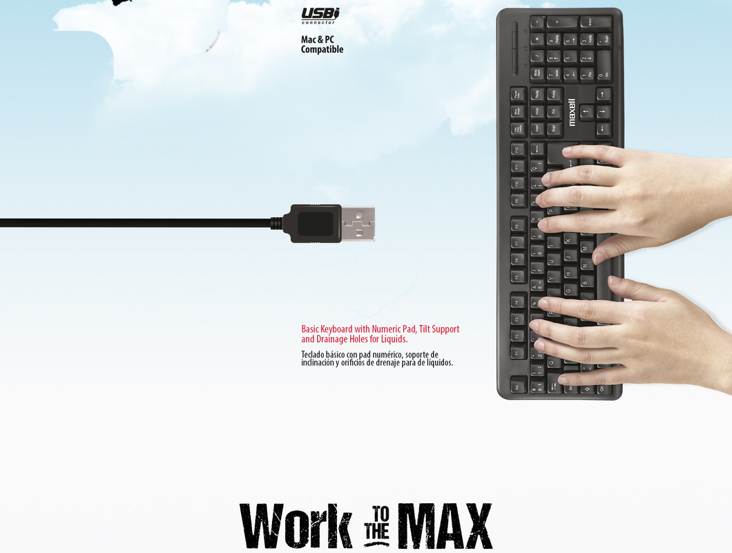 Una persona utilizando el teclado Maxell en un escritorio.