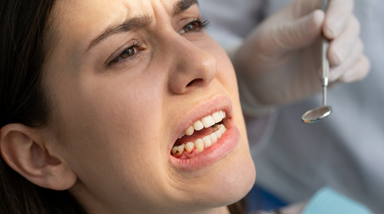 Иллюстрация симптомов пульпита: боль в зубе и отек десны