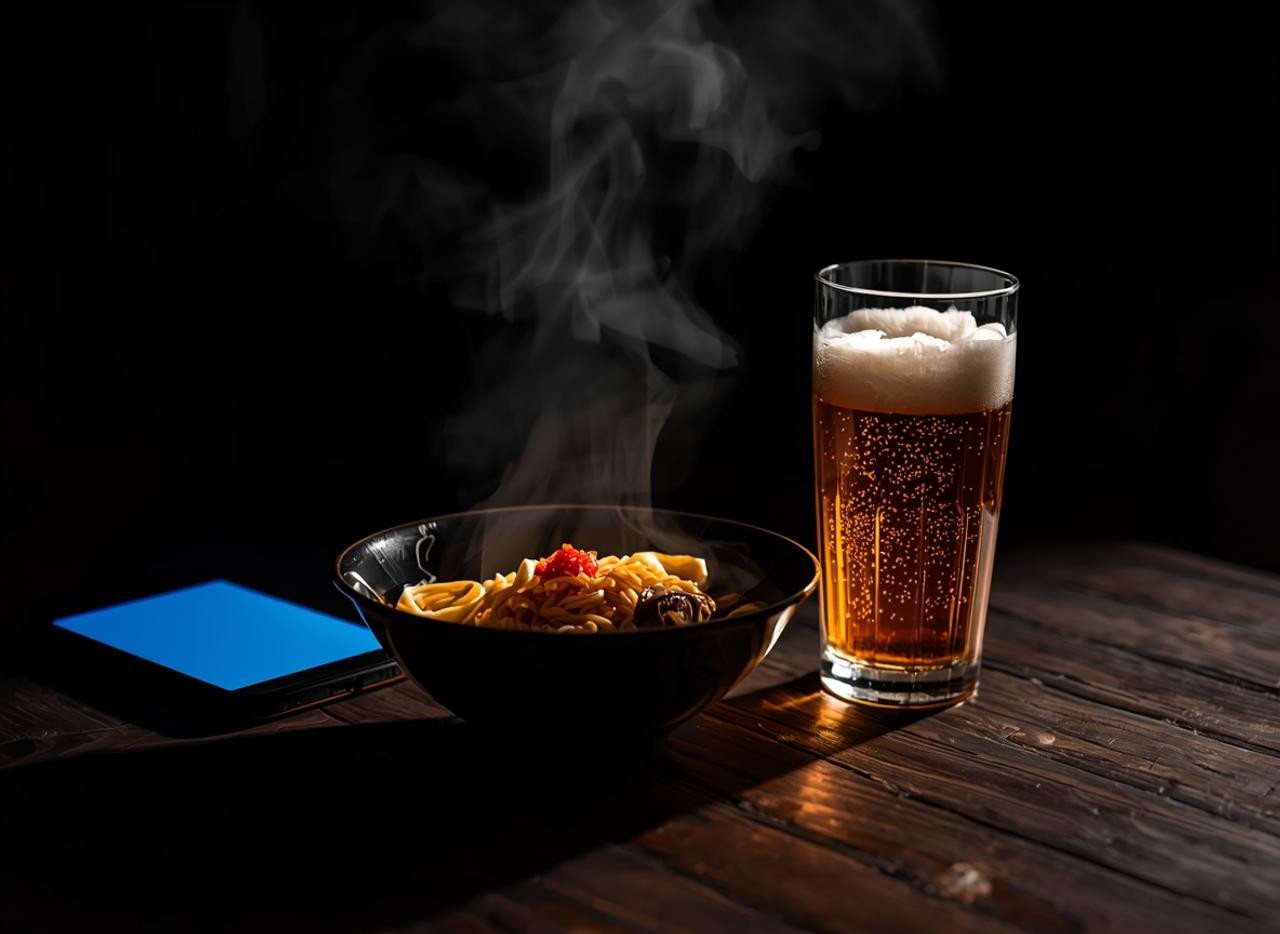 밤에 피해야 할 자극적인 야식 라면과 맥주 경고 이미지