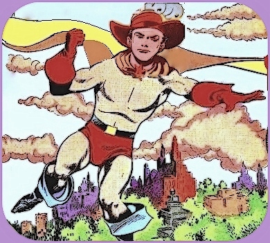 A teenage male superhero wearing a floppy brim hat with a feather stuck in it, a billowing yellow cape, red gloves and swimming trunks, and blue flop top boots, flying over a woods near a small town