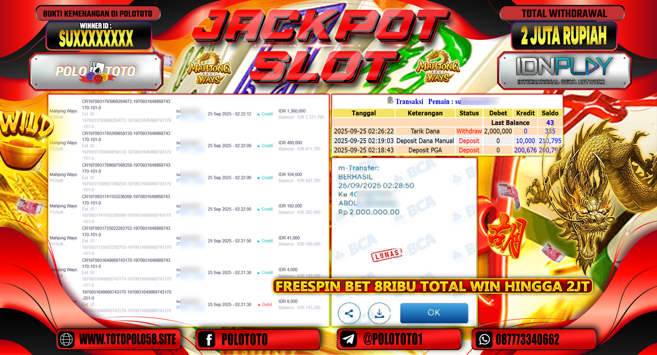 POLOTOTO JACKPOT SLOT MAHJONG WAYS Rp.2.000.000,- LUNAS