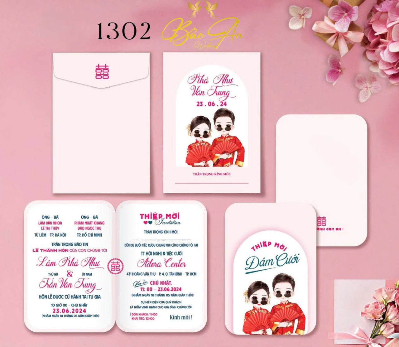 Thiệp chibi kiểu Trung Quốc tone hồng (1302)